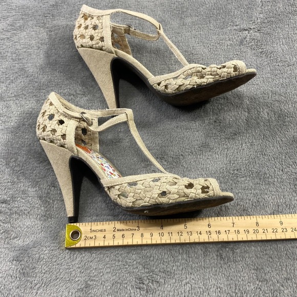 Womens Rocket Dog Tan Woven Peep Toe Heels T Strap Ankle Strap Size 6.5. Boho - Picture 9 of 10
